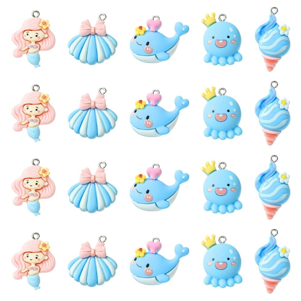 8521 30 Pcs 5 Styles Sky Blue Sea Animal Resin Charms Cute Mermaid Octopus